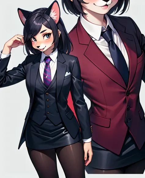 1girl, looking at viewer, (hi reasterpiece)), solo , ((best quality)), illustration, feline, cat, furry female, mammal, anthro, skirt suit, suit and tie, (((three-piece suit))), silk dress shirt, shirt and tie, (((necktie))), ((blazer)), ((suit jacket)) ((...