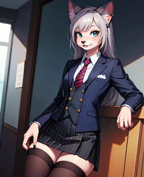 1girl, looking at viewer, (hi reasterpiece)), solo , ((best quality)), illustration, feline, cat, furry female, mammal, anthro, (((navy pinstripe skirt suit))), suit and tie, (((three-piece suit))), silk dress shirt, shirt and tie, (((necktie))), ((blazer)...