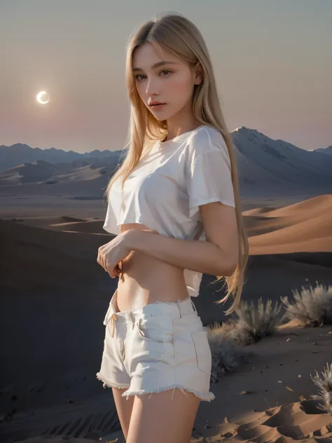 masterpiece, highest quality, super detailed, 8k, realistic, huge full moon over the desert mountains々reveal、beautiful slim blon...