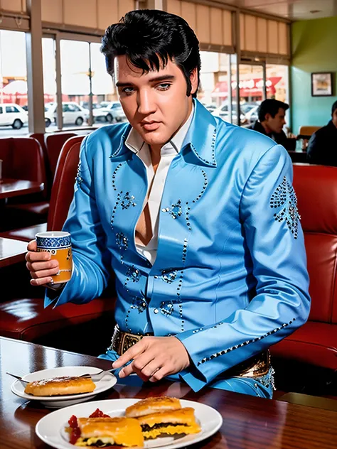 eptheking fullbody photo of elvis presley man wearing blue powder costume, eating breakfast at a diner, professional photography, digital photography, high quality, high resolution, intricate details, very sharp, detailed face, detailed skin, nice bokeh 