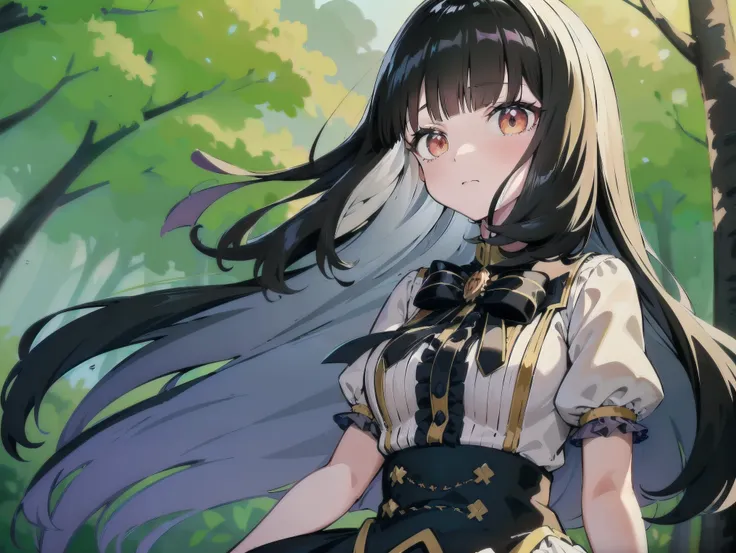 concept art, ((cg)), ((1girl)), lolita, ((((long white and black hair)))), (((blunt bangs))), heterocromia eyes, ((cabelo emaran...