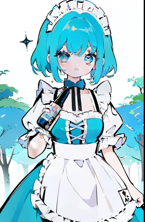 blue hair、anime character of a maid with a knife and a bottle, anime girl in a maid costume, maid outfit, splash art anime , maid dress, anime cat girl in a maid costume, rorish, gorgeous maid, anime moe art style, maid, a maid in a magical forest, wearing...