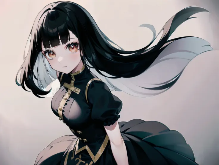 concept art, ((cg)), ((1girl)), lolita, ((((long white and black hair)))), (((blunt bangs))), heterocromia eyes, ((cabelo emaran...