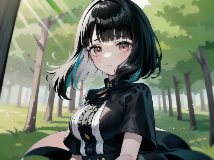 concept art, ((cg)), ((1girl)), lolita, ((((long white and black hair)))), (((blunt bangs))), heterocromia eyes, ((cabelo emaran...