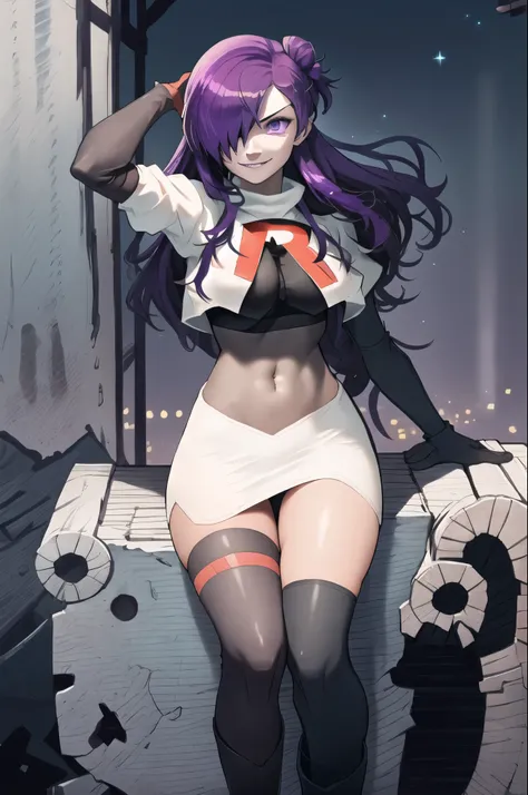 masterpiece, best quality, shez, hair over one eye, purple hair, purple eyes, Team rocket, team rocket uniform, red letter R, white skirt,white crop top,black thigh-high boots, black elbow gloves, evil smile, night sky background
