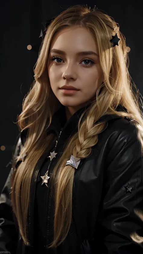 A girl with long blonde hair. She wears a black coat with the litle stars motif on it. 3d animation style.