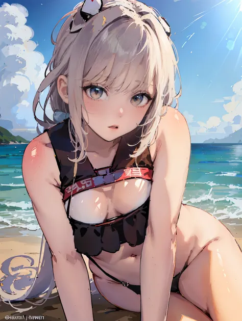 a woman in a bikini and glasses sitting on a beach, a character portrait by Shitao, pixiv contest winner, serial art, extremely detailed artgerm, at a beach, at the beach, cushart krenz key art feminine, top rated on pixiv, kantai collection style, guweiz,...