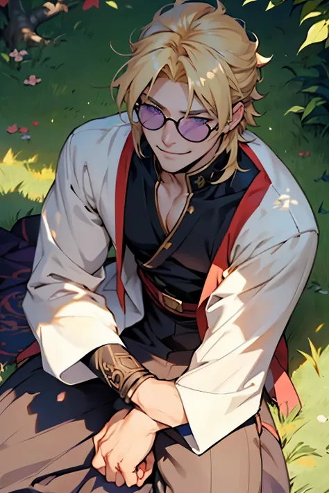 anime - laughing face, bird eye view, enjoying the sun shine, lying on the ground, sitting pose, wearing sun glasses, smirk, style image of a young prince with purple eyes and blonde hair, blonde hair, blonde hair, a portrait of a male prince, beautiful ma...