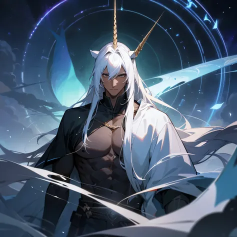 masterpiece, best quality, 1 male, adult, mature, tall muscular guy, darker skin tone, white hair, long straight hair, unicorn horn, dark clouds, Dark theme, Magic circle, wind Swirling, Aurora, fantasy scenery, Starlight around the character, (upper body)