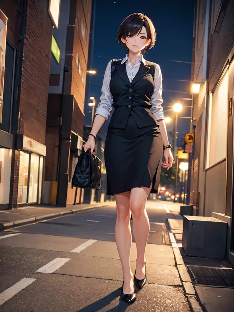 masterpiece, highest quality, High resolution,short hair,office lady,night,walk on the sidewalk,outdoor,A little tired look,one woman,cute