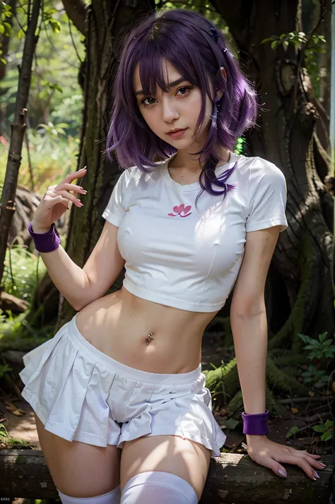 anime girl with purple hair and a white shirt posing in a forest, seductive anime girl, attractive anime girl, beautiful anime girl, anime girl, young anime girl, an anime girl, ilya kuvshinov landscape, pretty anime girl, ilya kuvshinov. 4 k, (anime girl)...