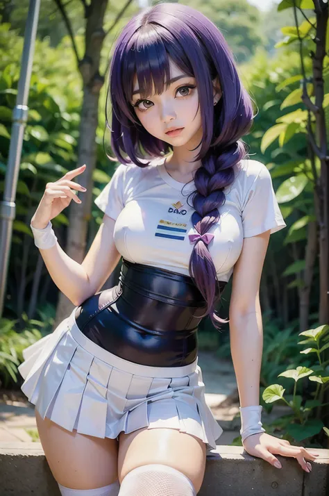 anime girl with purple hair and a white shirt posing in a forest, seductive anime girl, attractive anime girl, beautiful anime girl, anime girl, young anime girl, an anime girl, ilya kuvshinov landscape, pretty anime girl, ilya kuvshinov. 4 k, (anime girl)...