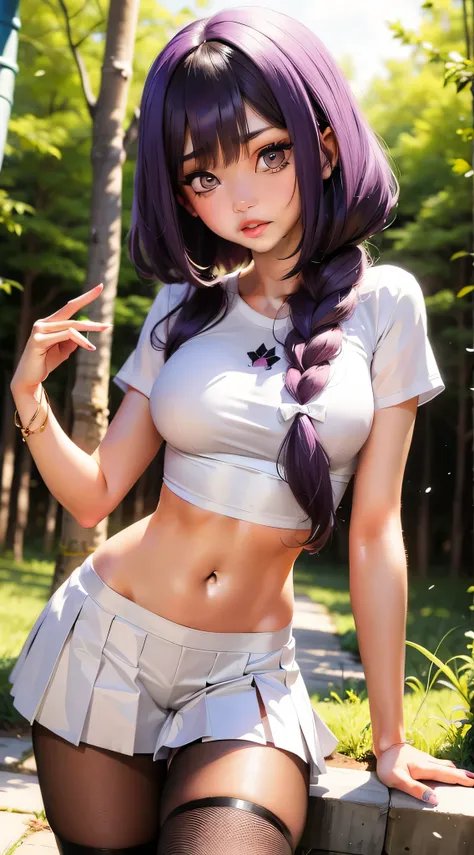 anime girl with purple hair and a white shirt posing in a forest, seductive anime girl, attractive anime girl, beautiful anime girl, anime girl, young anime girl, an anime girl, ilya kuvshinov landscape, pretty anime girl, ilya kuvshinov. 4 k, (anime girl)...