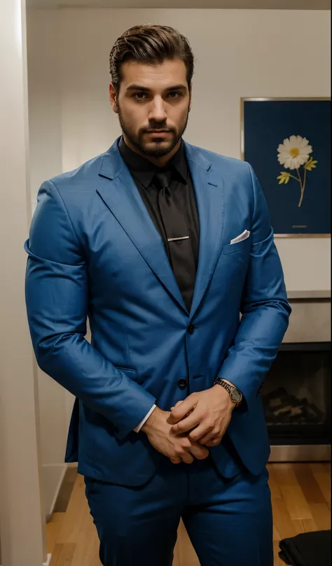 Man in blue suit and shirt looking at camera, queixo masculino, rosto bonito e atraente, queixo afiado with a light beard, square masculine facial features, homem muito atraente com barba, homem bonito, strong masculine traits, well queixo definido, queixo...