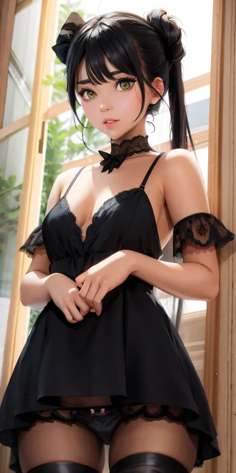 there is a woman in a black dress posing for a picture,  in dress, anime girl wearing a black dress, cute anime waifu in a nice dress, gorgeous maid, she is wearing a black dress, trending on cgstation, beautiful alluring anime woman, smooth tiny details, ...