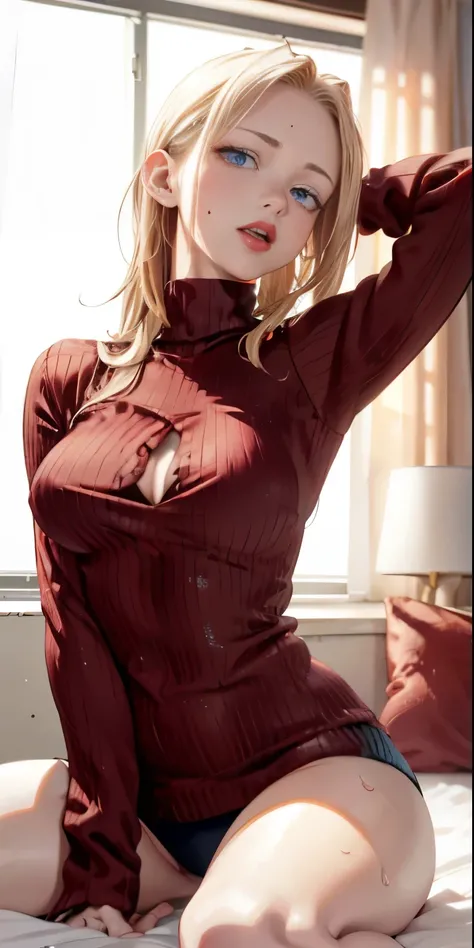 Realistic、See through、17 year old girl、Wearing a red sweater，facial enhancement，Super large chest zoom，cleavage emphasis，look up from below，blonde hair，blue eyes、blush，red lips，Sexy，sit on the bed，please open your mouth wide、put your arms behind your head、...