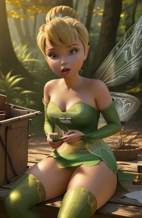 masterpiece, 8k, perfect ligthing, , adult, female, looking at viewer, cinematic lighting, (TinkerBell:1.5), single hair bun, (green clothes), ((clothes made from leaves)), (fairy wings:1.2), pointy ears, blue eyes, (detailled eyes:1.2), tinkering in the f...