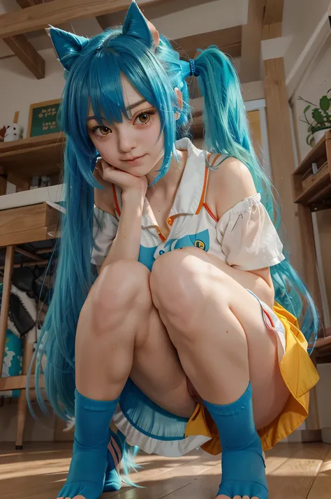 animado girl with blue hair sitting on the floor in a room, smooth animado cg art, the animado girl is crouching, beautiful animado girl squatting, photorealistic animado girl render, animado style 4 k, animado girl, cute animado girl, beautiful animado hi...