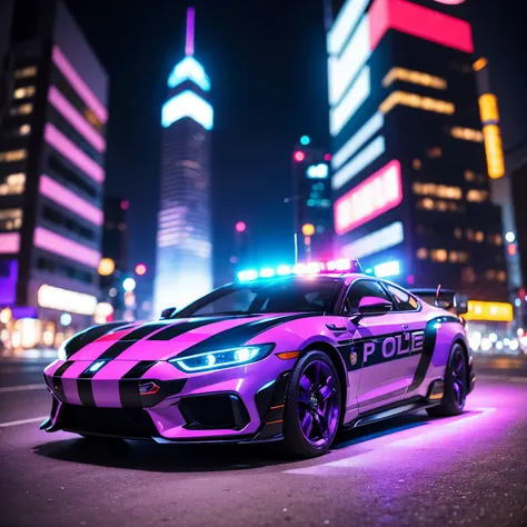 police car in night city angled slightly to the side, colors purple, blue and red
