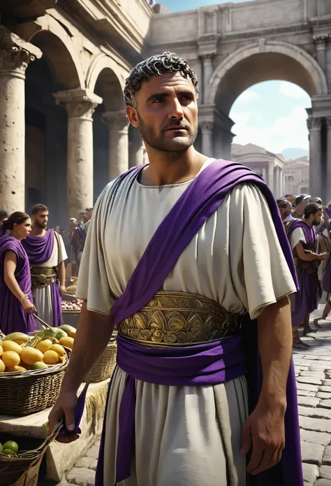 Best quality, 4k, high-end, ultra fine: 1.2), realistic, ancient roman, A bustling marketplace where an ordinary citizen is seized by guards for wearing a simple purple sash.  Include shocked onlookers and a sense of surprise in the scene.