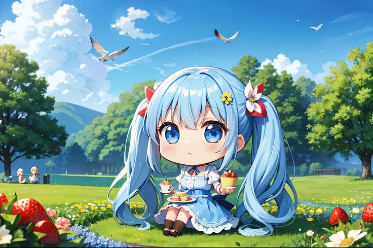 light blue long hair、Beautiful girl with twin tails、Chibi characters together、blue sky、A refreshing meadow full of flowers、A cafe decorated with flowers、Strawberry Parfait、chocolate、cake、cookie、Chibi characters are also included.、Birds and squirrels are wa...