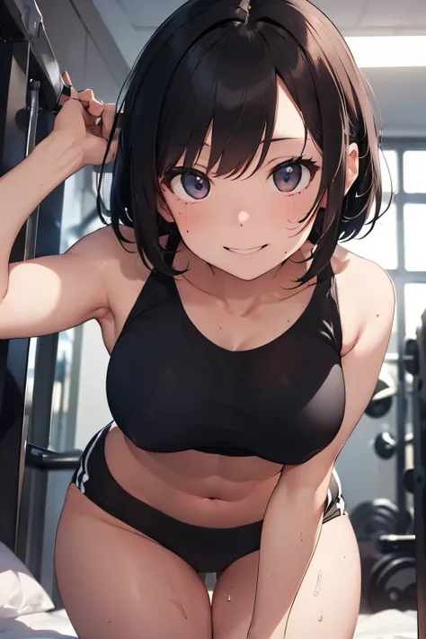 (best quality: 1.2), (masterpiece, best quality, ultra high res, 8k, perfect anatomy, extremely detailed), (extremely detailed CG unity), (1lady), solo, (abs: 0.6), 27 years old,(black eyes),(dark brown hair), (bob cut), large breast,full-face blush,face i...