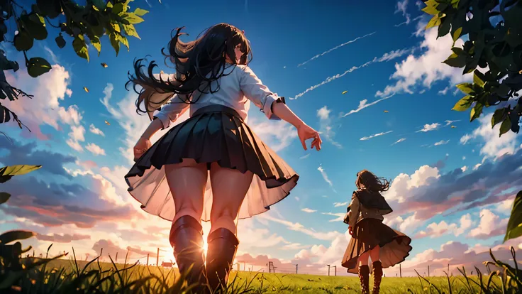 three angry women, 30 years old, thicc curvy body, wearing pleated skirt and boots, stomping the grass, viewed from below