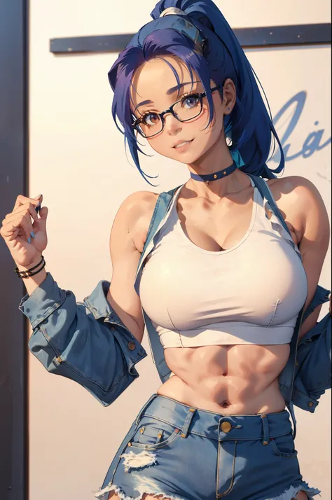 serena, honey-blue hair, ponytail hair, cropped white-colored tank top,bright smile, blushing, large breasts, adult body proportions, athletic body, well toned midriff, dark skin,short jean,Oversized Glasses, ombre hair