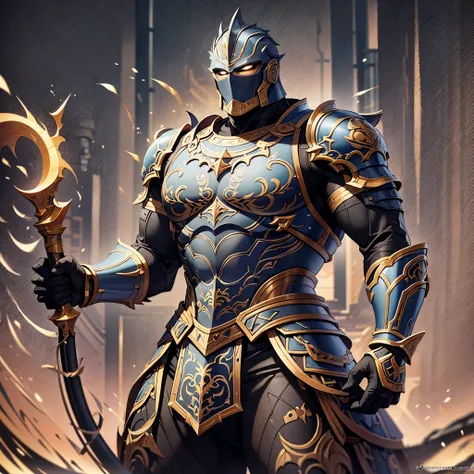 Full length portrait of a black muscular warrior in anime style, showcasing intricately detailed muscles and heavy dark armor. His bald head shines under atmospheric lighting, with striking light and shadow effects creating an intriguing contrast. This hig...