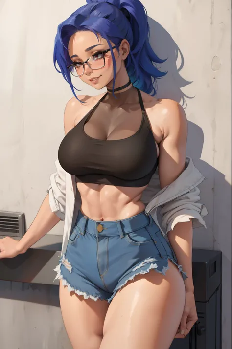 serena, honey-blue hair, ponytail hair, cropped white-colored tank top,bright smile, blushing, large breasts, adult body proportions, athletic body, well toned midriff, dark skin,short jean,Oversized Glasses, ombre hair