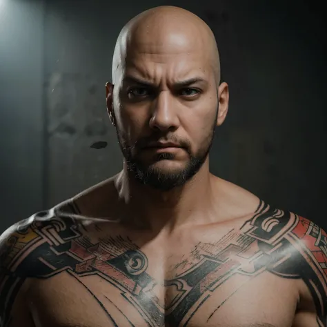 (best quality,ultra-detailed,realistic:1.37),Saitama,bearded,angry face,tattooed