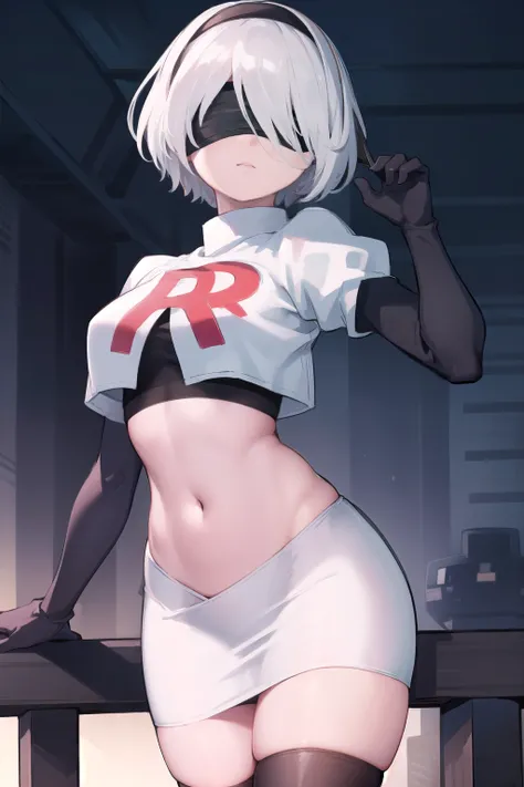 2b, 2b, (black blindfold:1.5), black hairband, blindfold, hairband, short hair, white hair,
BREAK hairband, robot, team rocket,team rocket uniform, red letter R, white skirt,white crop top,black thigh-highs,black elbow gloves,
BREAK looking at viewer,
BREA...