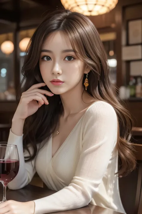 Woman sitting at table drinking wine, Detail view, CG Association, 複雑な長いcurly hair, cinematic | | very anime, discord pfp,Asian characteristics, very beautiful model, (comfortable:1.2), It was a joke, Rich Red, factory, bar counter,(fashion realistic),shin...