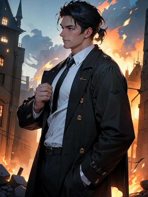 1 man, solo, British man, tall, fit muscle, big baggy faded plain black trench coat, ((loose long black tie)), loose untidy white shirt, black trousers,  a fireball out of his right hand, smirks, black hair, crew cut hair style, hades style fire, dark cast...