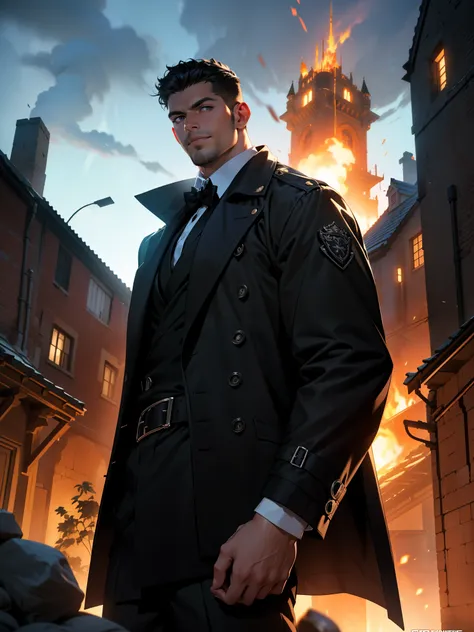 1 man, solo, British man, tall, fit muscle, big baggy faded plain black trench coat, ((loose long black tie)), loose untidy white shirt, black trousers,  a fireball out of his right hand, smirks, black hair, crew cut hair style, hades style fire, dark cast...