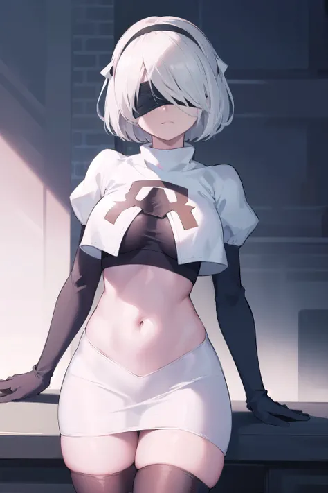 2b, 2b, (black blindfold:1.5), black hairband, blindfold, hairband, short hair, white hair,
BREAK hairband, robot, team rocket,team rocket uniform, red letter R, white skirt,white crop top,black thigh-highs,black elbow gloves,
BREAK looking at viewer,
BREA...