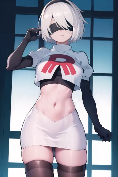 2b, 2b, (black blindfold:1.5), black hairband, blindfold, hairband, short hair, white hair,
BREAK hairband, robot, team rocket,team rocket uniform, red letter R, white skirt,white crop top,black thigh-highs,black elbow gloves,
BREAK looking at viewer,
BREA...