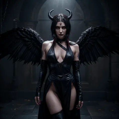 A beautiful half-demon man with huge ANGEL LUCEFE wings, olhos vermelhos e cabelo preto curto, personagem perigoso e misterioso, roupas escuras. Prince of Hell, demon, Macho, Fantasia, Forma Humana. Marilyn Manson complete as a Mortal Kombat character in a...