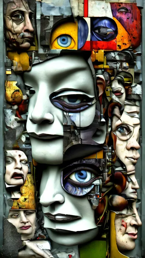 hyper-realistic amalgam of images from faces and bodies from great modern painters with other surreal torn images glued on, mini...