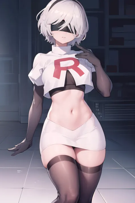 2b, 2b, (black blindfold:1.5), black hairband, blindfold, hairband, short hair, white hair,
BREAK hairband, robot, team rocket,team rocket uniform, red letter R, white skirt,white crop top,black thigh-highs,black elbow gloves,
BREAK looking at viewer,
BREA...