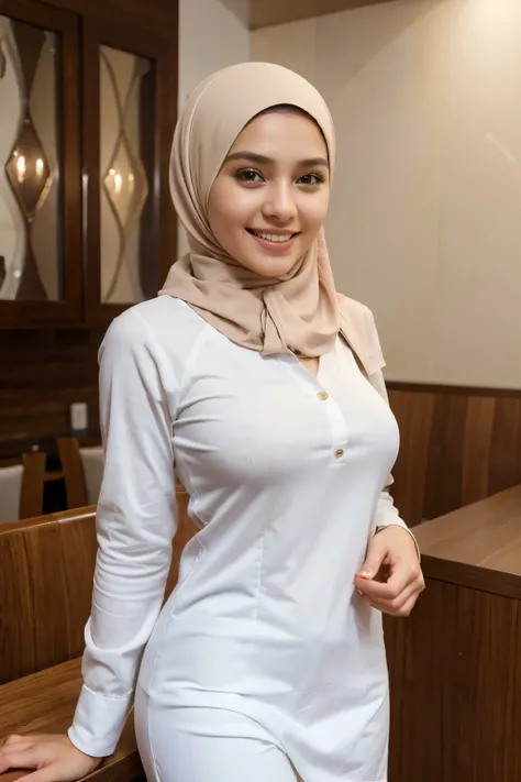 extremely high quality, realismo, young girl wearing hijab muslimah style hijabstar style brown dress and white jeans with smiling emoji on her shirt. At restaurant in Kuala Lumpur Hyper-detailed photorealistic 8k raw photo blur background detailed hands