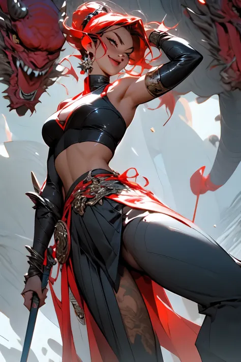 ((best quality)), ((masterpiece)), (detailed), perfect face, demon queen, red skin, sexy, leather pleated skirt, leather halter top, evil grin, holding a large intricate silver and black longsword, stunningly beautiful, 