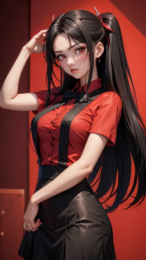 Anime girl posing for a photo wearing a red shirt and black tie, Writer: Jay Yang, extremely detailed aorta, Rin Tohsaka, aorta jsc, Guweiz style artwork, Beautiful digital art, aorta.  high detail, range murata and aorta, style aorta, even model |  aorta