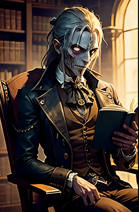 steampunk creepy zombie necromancer reading a book in a library