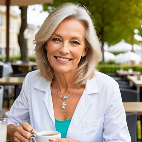 Belle femme blanche, 60 ans, cheveux bruns, mi-longue, yeux verts, chemisier et jupe blancs, sip coffee in an outdoor restaurant