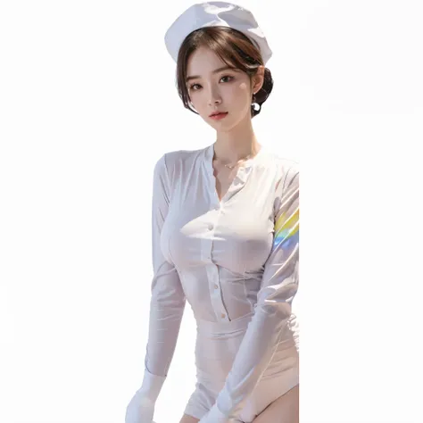 Araf woman in white dress posing for photo, Stylish white skinny suit, Tight rainbow bodysuit, private nurse uniform, Iridescent Transparent Underwear, V-shaped bust clothes, Pastel colored jumpsuit, translucent dress, Samu rice paste, high quality clothin...