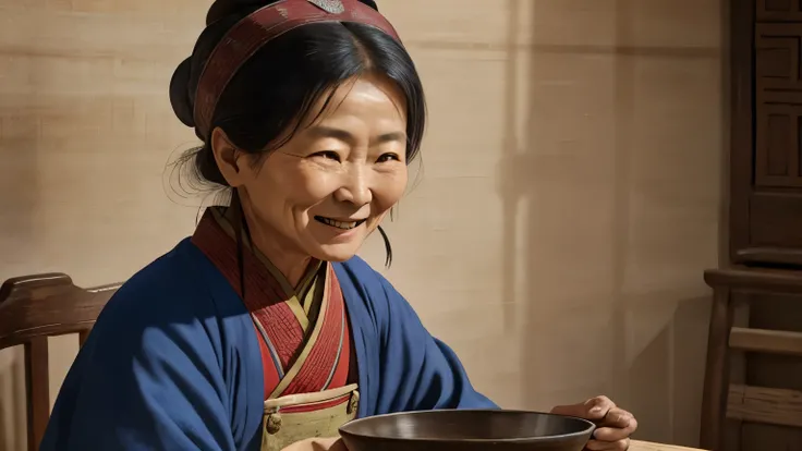 A fifty-year-old peasant woman from the Song Dynasty was holding a bowl of noodles，smiling expression