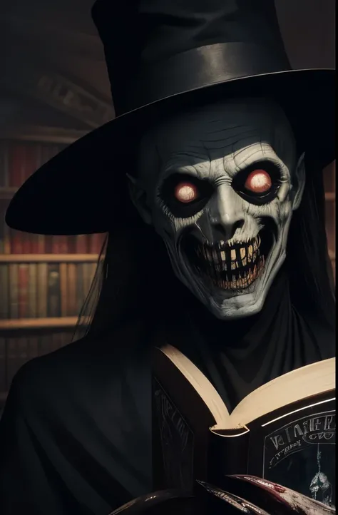 painting of a creepy looking man with a hat and a big grin, Horror fantasy art,  ( ( ( Horror art ) ) ), horrible smile. Horror, Horror illustration, Horror painting, nightmarish illustration, Horror macabre face, evil smile, white eyes, reading a book in ...