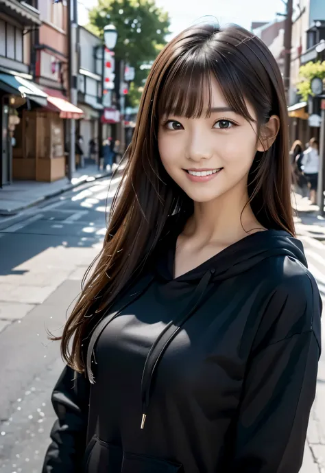 (((daytime town:1.3, outdoor, Photographed from the front))), ((long hair:1.3, black hoodie, japanese woman, smile,cute)), (clean, natural makeup), (highest quality, masterpiece:1.3, 超High resolution), (Super detailed, caustics), (realistic:1.4, RAW shooti...