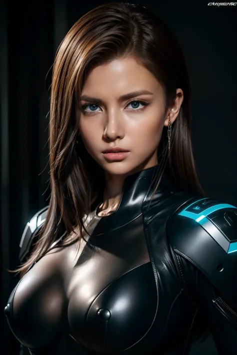 (cybersoldier style aesthetic), bust to waist, (half body), (beauty shape), sensual look, determined, powerful pose, perfect skin, hyperrealistic masterpiece, in extremely complex & superdetailed black and white seamless plugsuit, cinematic illumination, 8...